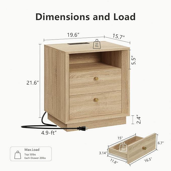 FORTUNETEC Nightstand with Charging Station, Mid Century Modern Nightstand with Wood Grain Texture, Boho End Table with Drawers Storage, Bedside Table for Bedroom Living Room Office, White Oak