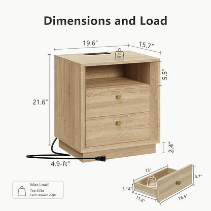 FORTUNETEC Nightstand with Charging Station, Mid Century Modern Nightstand with Wood Grain Texture, Boho End Table with Drawers Storage, Bedside Table for Bedroom Living Room Office, White Oak