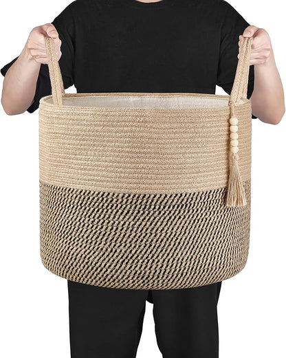 Mkono Woven Storage Basket Decorative Rope Basket Wooden Bead Decoration for Blankets,Toys,Clothes,Shoes,Plant Organizer Bin with Handles Living Room Home Decor, Yellow and Black, 16" W × 13.8"