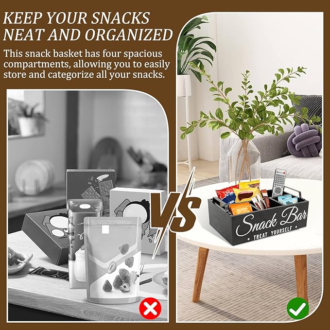 Snack Organizer for Countertop, Wood Pantry Storage Bins with Handles, Snack Bar Organizer for Pantry Shelf, 4 Compartment Food Container Box, Kitchen Storage Organizer for Nut,Chips,Beverage (Black)