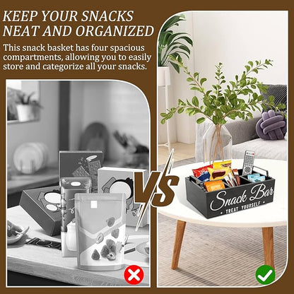 Snack Organizer for Countertop, Wood Pantry Storage Bins with Handles, Snack Bar Organizer for Pantry Shelf, 4 Compartment Food Container Box, Kitchen Storage Organizer for Nut,Chips,Beverage (Black)
