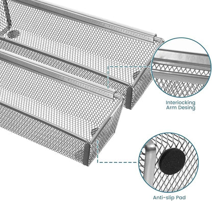 6 Pcs Mesh Silverware Drawer Organizer, Metal Drawer Organizer for Kitchen, Small Utensil Drawers Organizers with Interlocking Arm for Flatware, Knives, Spoons,Cosmetic (Silver 9 * 3 * 2 inch)