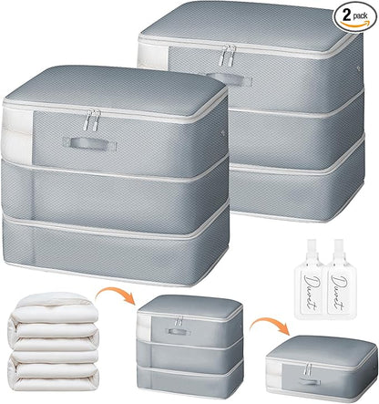 Comforter Storage Bag - Large Capacity Blanket Storage Bags 3-Layer Ultra Space Saving Self Compression Organizer, Washable Compression Bags for Storage Comforter Blanket, 2-Pack, Grey