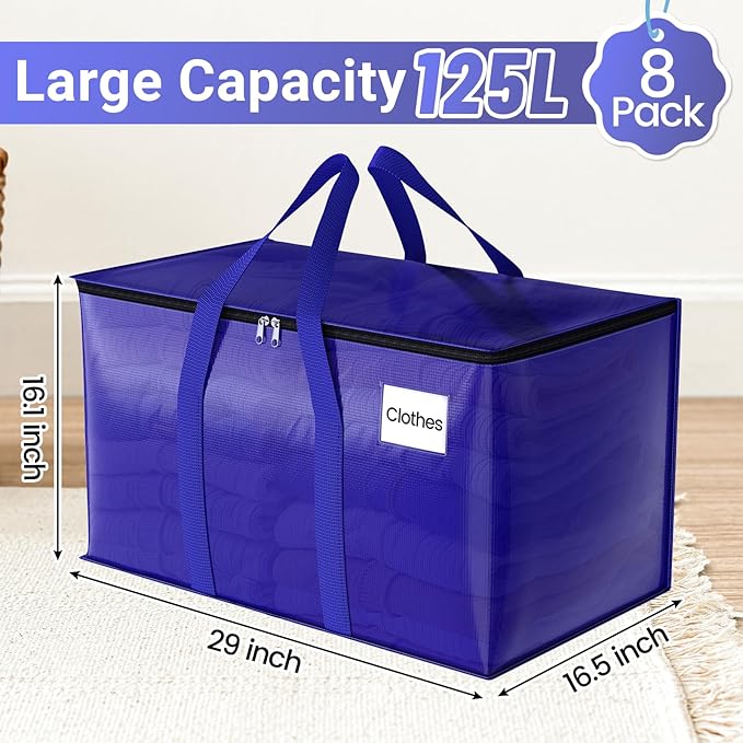 FabSpace Moving Storage Bags, Moving Supplies Packing Boxes for Moving, Camping, College Dorm Room Essentials for Girls, Blue Tote Bags, Heavy-Duty Storage Bins With Lids And Zippers, 125L 8Pack