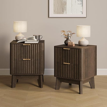 TROJM Fluted Nightstand Set of 2, Modern End Table with Metal Handle,2 Storage Drawers Side Table,Bedside Table for Bedroom,Wood Nightstands,Curved Profile Design Furnitue, Walnut