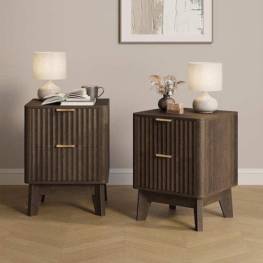 TROJM Fluted Nightstand Set of 2, Modern End Table with Metal Handle,2 Storage Drawers Side Table,Bedside Table for Bedroom,Wood Nightstands,Curved Profile Design Furnitue, Walnut