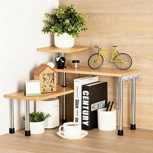 HYNAWIN Bamboo Countertop Shelf Storage Spice Rack, 3 Tier Desktop Shelves Space Saving Organizer, Adjustable Rack