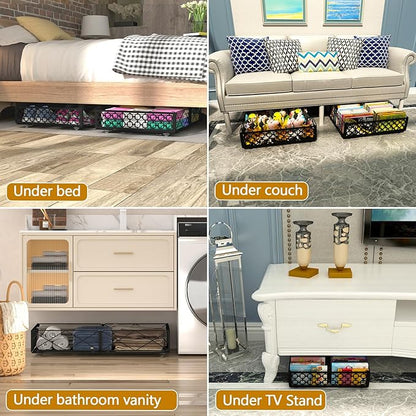 NADAMOO Low Profile Under Bed Storage with Wheels, 4 Pack Rolling Storage Containers, Foldable Metal Organizer Bins