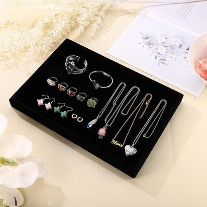 Mornajina 2 Pcs 13.8" x 9.5" Velvet Jewelry Tray Jewelry Display Tray, Stackable Empty Plate Trays for Earrings Necklaces Bracelet Rings Display Showcase - Black