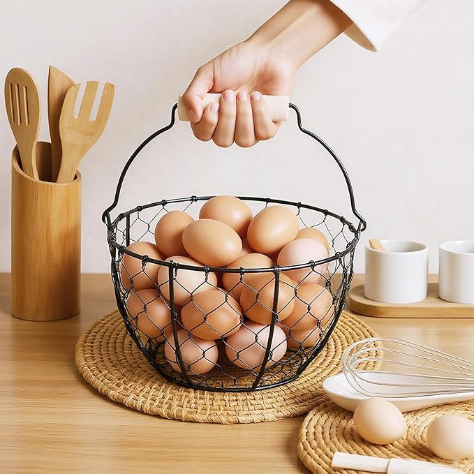 2 Pcs Egg Basket With Handle,Wire Egg Basket for Gathering Fresh Eggs, Round Egg Collecting Basket for Farm,Vintage Style Chicken and Duck Eggs Basket Egg Countertop Storage Container Holder ﻿