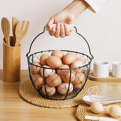 2 Pcs Egg Basket With Handle,Wire Egg Basket for Gathering Fresh Eggs, Round Egg Collecting Basket for Farm,Vintage Style Chicken and Duck Eggs Basket Egg Countertop Storage Container Holder ﻿
