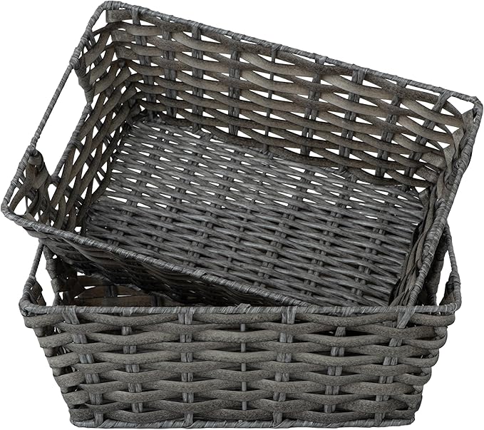 JS HANGER Wicker Storage Basket with Liners, Set of 2, Washable Waterproof, 12.6"L x 8.7"W x 4.3"H, Woven Basket for Pantry, Toilet, Bathroom, Bedroom, Patio, Grey