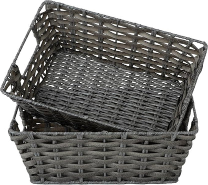 JS HANGER Wicker Storage Basket with Liners, Set of 2, Washable Waterproof, 12.6"L x 8.7"W x 4.3"H, Woven Basket for Pantry, Toilet, Bathroom, Bedroom, Patio, Grey