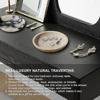 Travertine Jewelry Dish Tray - Decorative Stone Catchall Bowl for Entryway Table, Keys & Rings Holder, Natural Marble Home Decor Organizer (5.5 Inch)