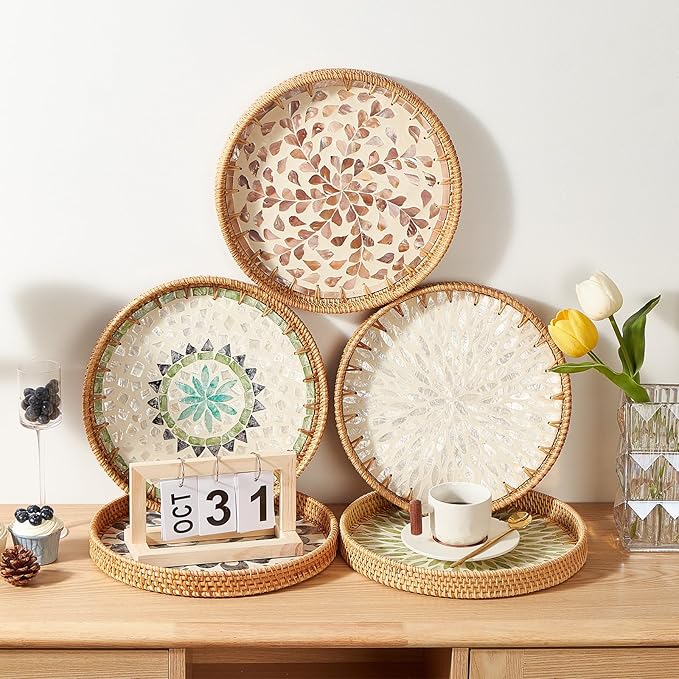 Round Rattan Tray with Mother of Pearl Inlay, Rattan Serving Tray with Wooden Base, Decorative Wicker Basket for Table Decor, Storage and Display of Coffee Bread Food Fruit (Leaf 2)