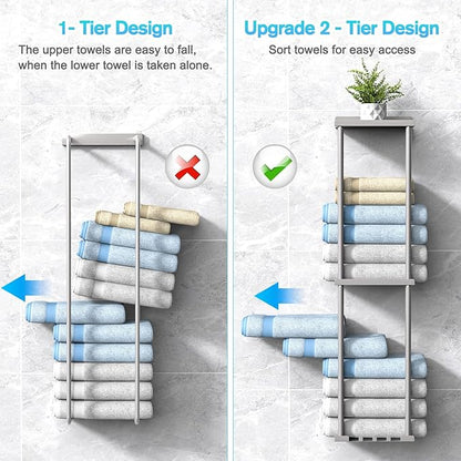 Towel Rack Storage for Bathroom, Wall Mounted Vertical Rolled Towel Organizer Holder with Shelf, Holds Up 6 Large Bath Sheets, Silver Grey