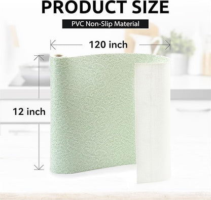 FIFTY FEET 12X120 Inch Shelf Liner with Scissor & Tape Measure for Kitchen Cabinets, PVC Drawer Liner for Dresser Non-Slip Bathroom, Non-Adhesive Cabinet Liner Washable (Green)