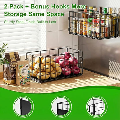 Enkrio 2 Pack Magnetic Basket for Laundry Room & Fridge Side, Large Metal Fruit Potato Onion Storage Bin with Strong Magnets & Hooks, Magnetic Organizer Shelf for Refrigerator