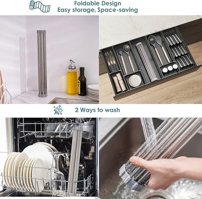 Tomorotec Roll Up Dish Drying Rack, Over The Sink Dish Drying Rack, Portable Stainless Steel Rolling Rack Multipurpose Kitchen Drainer Caddy Organizer Storage Shelf Holder, Gray
