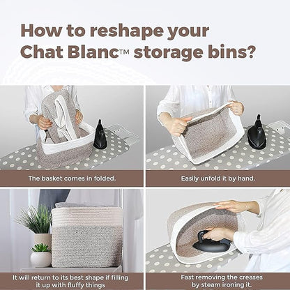 CHAT BLANC Cotton Rope Baskets for Organizing | 15”x10”x9” Storage Baskets for Shelves | Small Laundry Woven Baskets for Storage, Dog Toy Bin, Baby Basket,Off White&Brown 3 Pack