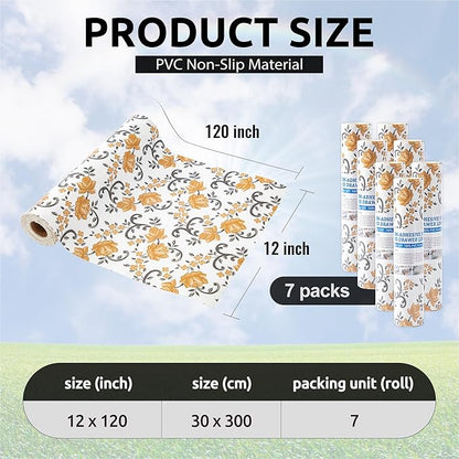 FIFTY FEET 12X120 Inch Shelf Liner for Kitchen Cabinets, PVC Drawer Liner for Dresser Non-Slip Bathroom, Non-Adhesive Cabinet Liner Washable (Yellow Floral)(7 Roll)