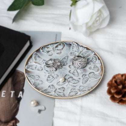 Ceramic Jewelry Dish, Decorative Tray for Rings Earrings Necklaces Bracelet Watch Keys, 4.50" Trinket Tray as Gifts for Women (Reactive Butterflies)