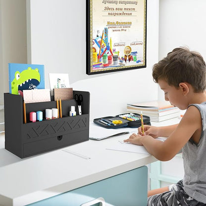 Bamboo Mail Organizer Countertop Desktop with Drawer - Desk Organizer with File Organizer for Office Supplies All-in-One Desk File Organization with Pencil Holder for Paper Letter Envelope Bill