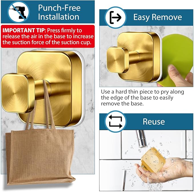 AbluFirst Suction Cup Hooks for Shower,No-Drill Removable Duty Shower Suction Cup Wreath Hooks for Bathroom Wall, Glass, Windows,Mirrors Kitchen to Hang Towels,Robes,Coat, Loofah-Gold(4 Pack)