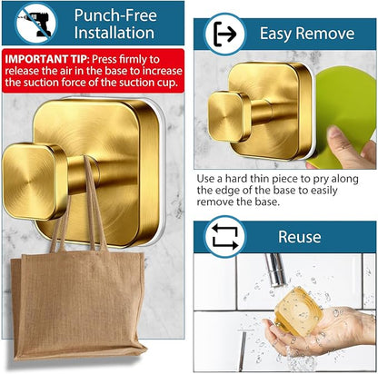 AbluFirst Suction Cup Hooks for Shower,No-Drill Removable Duty Shower Suction Cup Wreath Hooks for Bathroom Wall, Glass, Windows,Mirrors Kitchen to Hang Towels,Robes,Coat, Loofah-Gold(4 Pack)