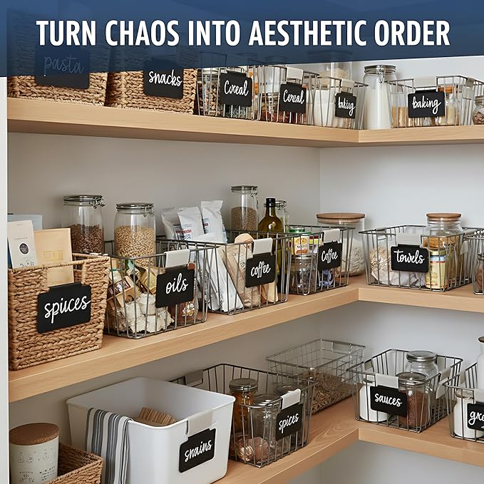 30 Basket Labels Clip On for Pantry Organization and Storage 3x4 inch - Plastic Baskets Bin Labels - Small Chalk Labels for Baskets - Black Bin Clip Labels for Baskets - Dry Erase Basket Tags