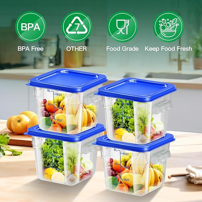 FeyBuosk 4 pcs 6qt Food Storage Containers with Lid, Square Clear Commercial Food Storage Containers with Handle and Scale for Food Storage in Home Kitchen & Dining (Blue)