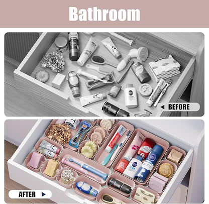 Homhut Plastic Drawer Organizers, 18 PCS Bathroom Drawer Organizer Bins, Desk and Vanity Organizer Plastic Tray, Makeup organizer and storage for Bedroom, Kitchen Gadgets Utensils and Office (Pink)