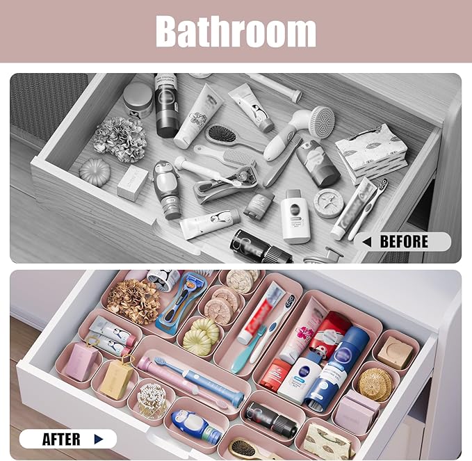 Homhut Plastic Drawer Organizers, 28 PCS Drawer Organizer Bins, Bathroom and Vanity Organizer Plastic Tray, Makeup organizer and storage for Makeup, Bedroom, Kitchen Gadgets Utensils and Office