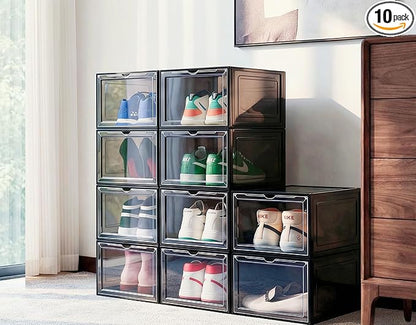 JECCICHY 10 Pack Black Shoe Storage Boxes Stackable, Plastic Shoe Boxes with Lids, Sneaker Storage, Transparent, Thick Hard, Drop Front Door, Within US Size 13, Size: 13.54”x10.63”x7.49”