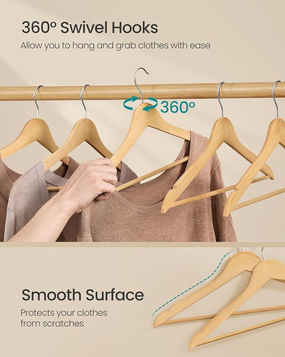 SONGMICS Wooden Hangers, Pack of 20, Coat Hangers, Pants Bar, 360° Swivel Hooks, Solid Birch Wood, 0.3-Inch Thick, Space Saving, for Jackets, Shirts, Coats, Natural Beige UCRW040K01