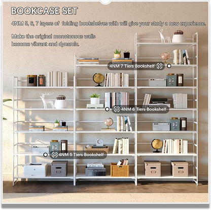 4NM No Assembly 5 Tiers Collapsible Book Shelves, 51.2" H Folding Bookshelf Bookcase Open Industrial Foldable Shelves for Bedroom, Living Room, Home Office - All White