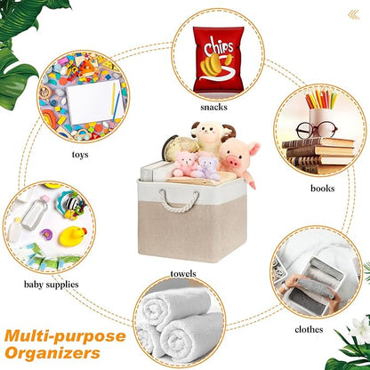 meekoo 8 Pack Collapsible Storage Bins Fabric Storage Bins Polyester Fabric Baskets with Handles Linen Closet Organizer for Shelf Home Closet Towels Toys(15 x 11 x 9.5 in,Beige)
