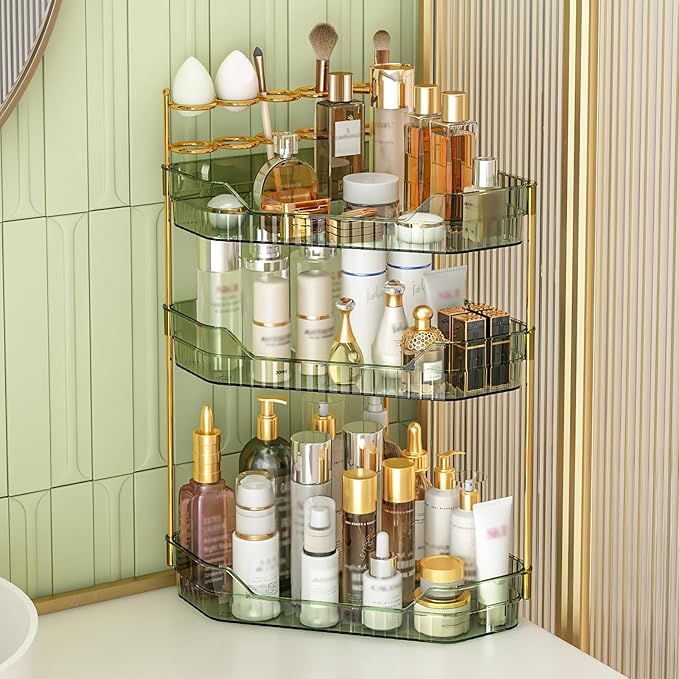 ZZWILLB Corner Bathroom Counter Organizer with Makeup Brush Holder & Toothbrush Holders, Makeup Organizer for Vanity Countertop, Acrylic Skincare Storage Shelf (Green, 3-Tier)