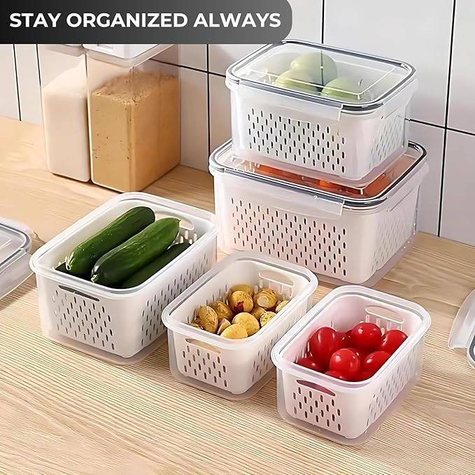 VegiTechs 4 PCS Fruit Containers for Fridge, Leakproof fruit storage containers for fridge with Removable Colander