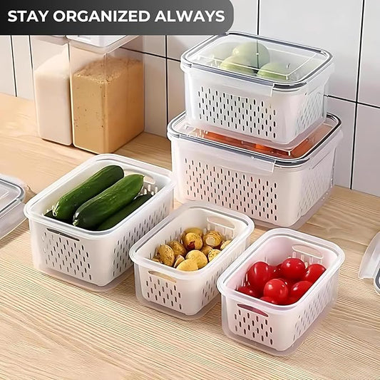 VegiTechs 4 PCS Fruit Containers for Fridge, Leakproof fruit storage containers for fridge with Removable Colander
