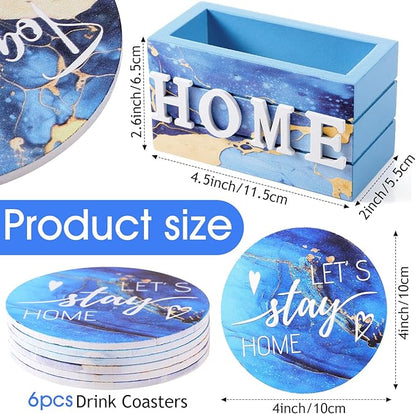 Queekay Coasters Set of 6 House Warming Gifts New Home Wooden Farmhouse Drink Coasters with Holder 4'' Funny Decoration for Kitchen Family Coffee Bar Tabletop Protection(Gilded Blue)