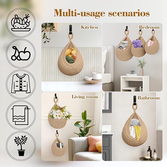 Boho Hanging Fruit Baskets for Kitchen with Hooks and Deco Flowers, 3 Pack handwoven Cotton hanging basket, Wall Basket for Vegetable Potato Onion Home Produce Storage (brown)