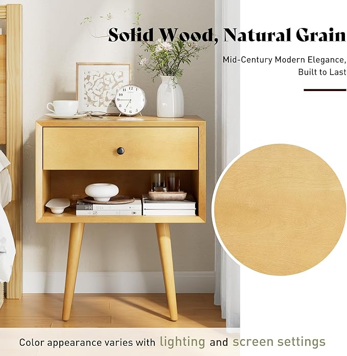 AMERLIFE Solid Wood Nightstand Set of 2, Fully Assembled End Table with Storage Drawer & Open Cubby, Mid-Century Modern Side Table for Bedroom, Natural