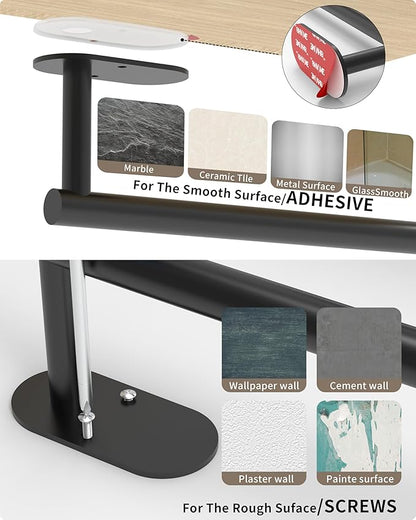 Paper Towel Holder Under Cabinet, Self Adhesive or Wall Mounted SUS304 Stainless Steel Paper Towel Holder for Kitchen, Bathroom(2 Towel Hooks, Matte Black)