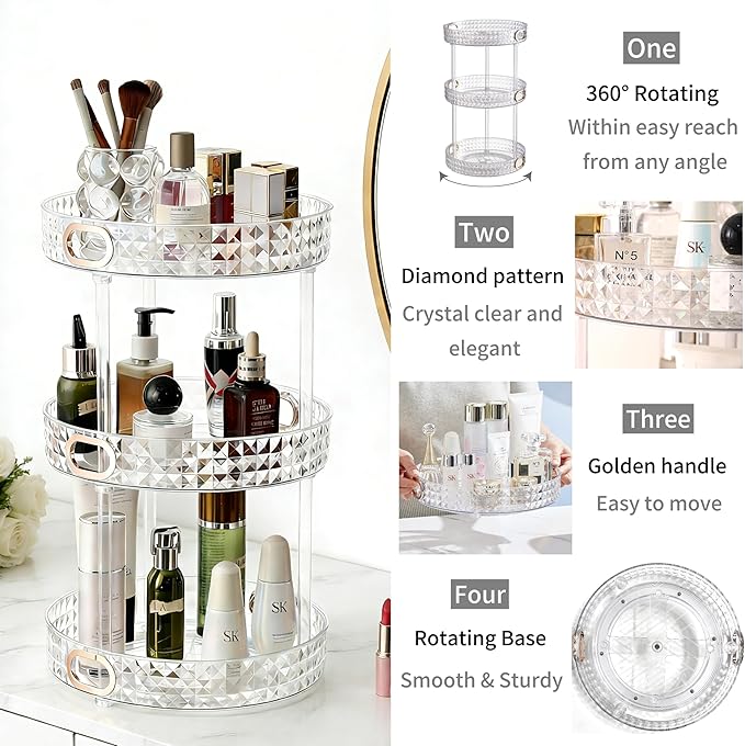 HsaExtriva 360 Rotating Makeup Organizer for Vanity, 3 Tier Diamond Patterned Perfume Organizer for Women, Large Capacity Skincare Lotion Cosmetic Storage Dresser Bathroom Countertop Lazy Susan, Clear