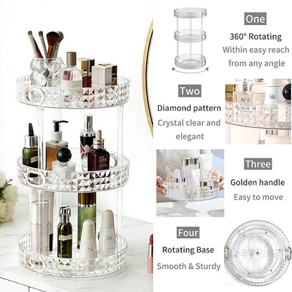 HsaExtriva 360 Rotating Makeup Organizer for Vanity, 3 Tier Diamond Patterned Perfume Organizer for Women, Large Capacity Skincare Lotion Cosmetic Storage Dresser Bathroom Countertop Lazy Susan, Clear