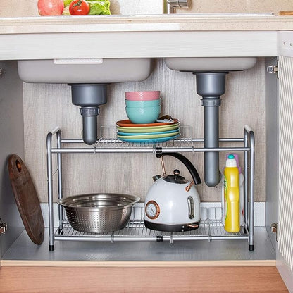 FlagShip 2 Tier Under Sink Organizers and Storage Rack Expandable Cabinet Shelf for Kitchen Bathroom Silver (17-25 inches)