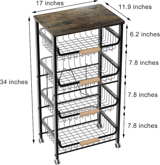 Fruit Vegetable Basket for Kitchen,5 Tier Pantry Organizer with Wheels,Snack cart with Wood Top,Metal Wire Storage Basket Organizer Baskets for Kitchen, Pantry, Bathroom