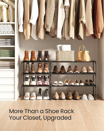 SONGMICS Shoe Rack, 3-Tier Shoe Organizer, Metal Storage Shelf, Upright or Upside Down, for 4-8 Pairs, Stackable, for Entryway, 11.8 x 16.7 x 21.5 Inches, Black ULSA003B01