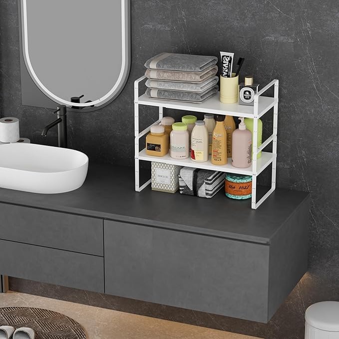 WEJIPP Cabinet Organizer Shelves,Adjustable Height Stackable Spice Racks for Cabinet,Pantry,Counter,Cupboard - 2 Packs of Kitchen Under Sink Expandable Storage Shelves,D:10.24" x W:16.5"-27.2",White